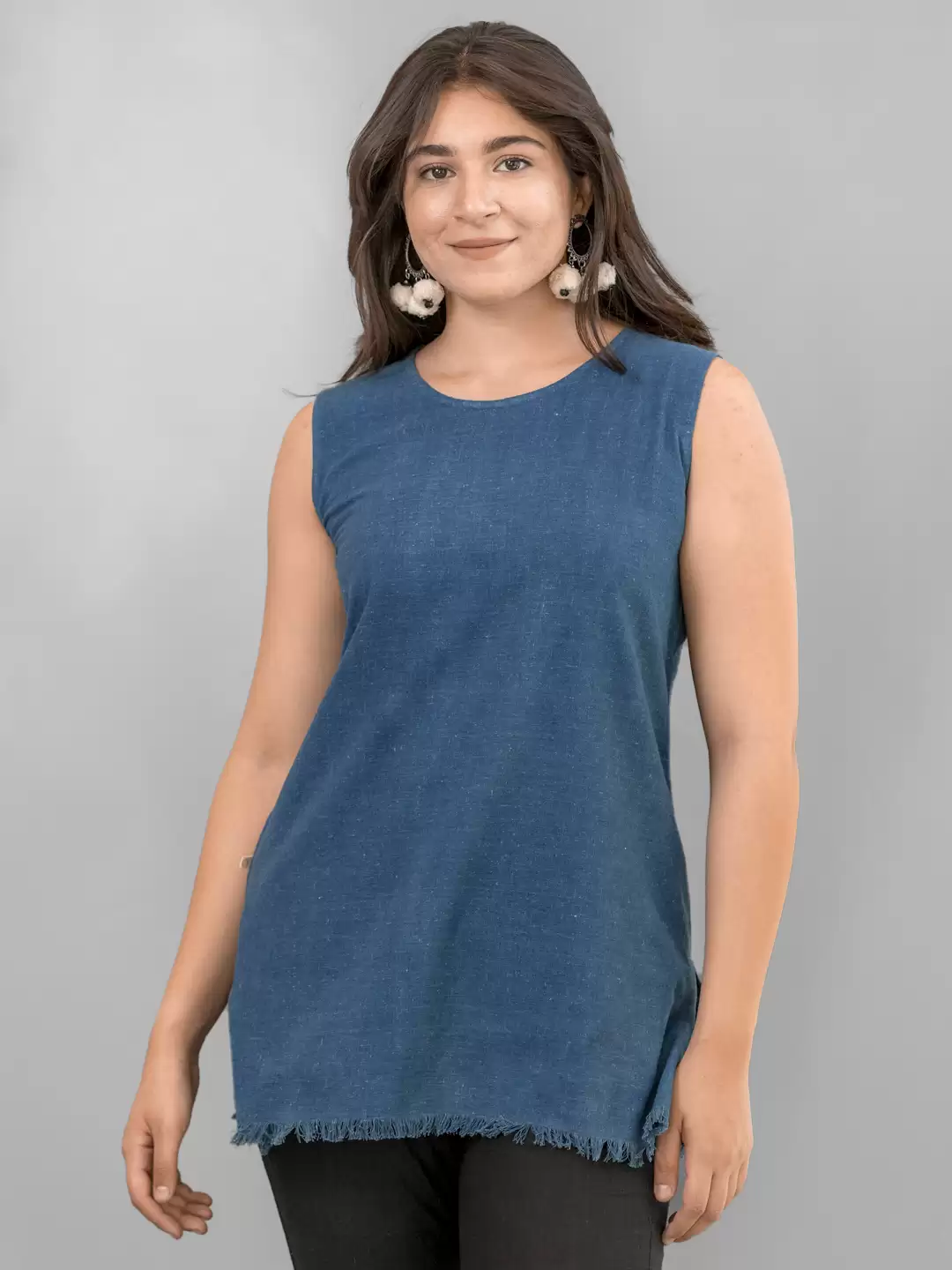 MORALFIBRE Plain Indigo Short Tunic with Signature Raw Edges
