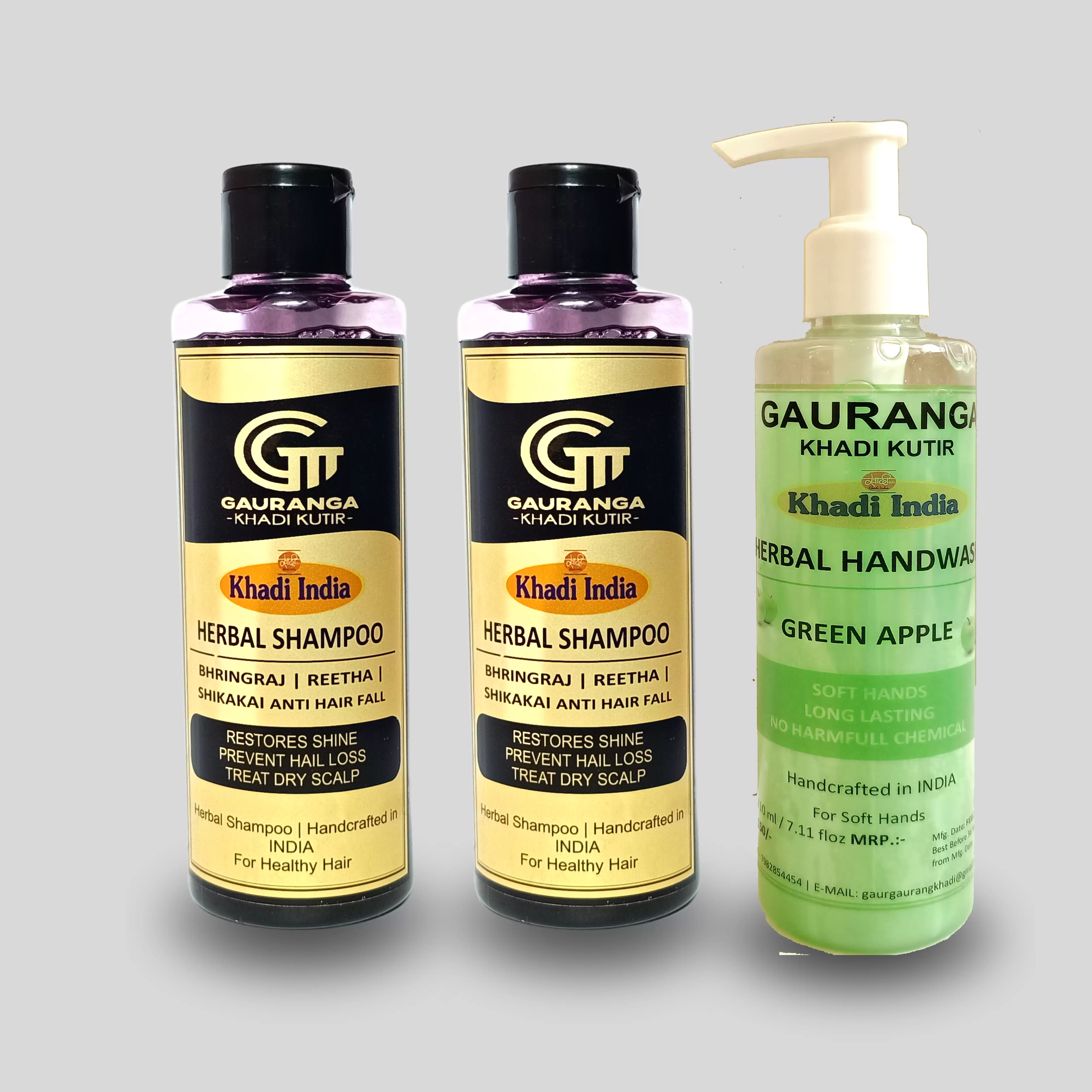 Herbal Bhringraj Reetha Shikakai shampoo X 2  with Free Herbal Green Apple handwash