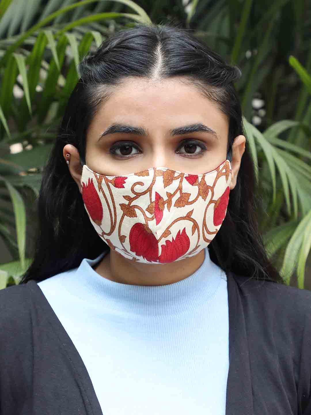 Khadi Cotton Masks White with Red Floral Prints - Set of 2