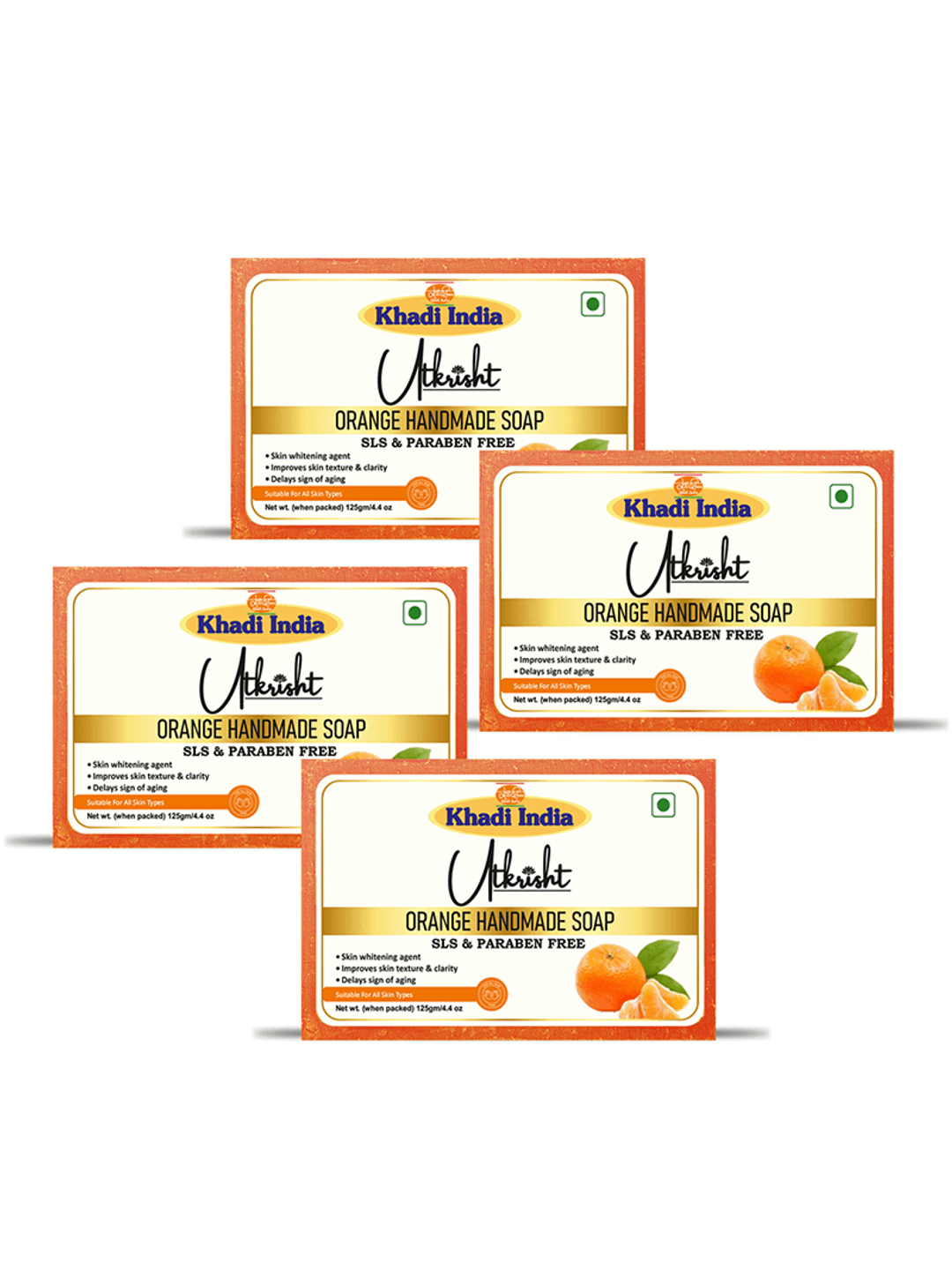Utkrisht Khadi Handmade Orange bathing Soap for Nourishing, & Glowing Skin 500GM ( 125 gm each )-  Pack of 4
