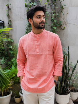 Khadi Cotton Men's Casual Wear Short Kurta - Light Orange