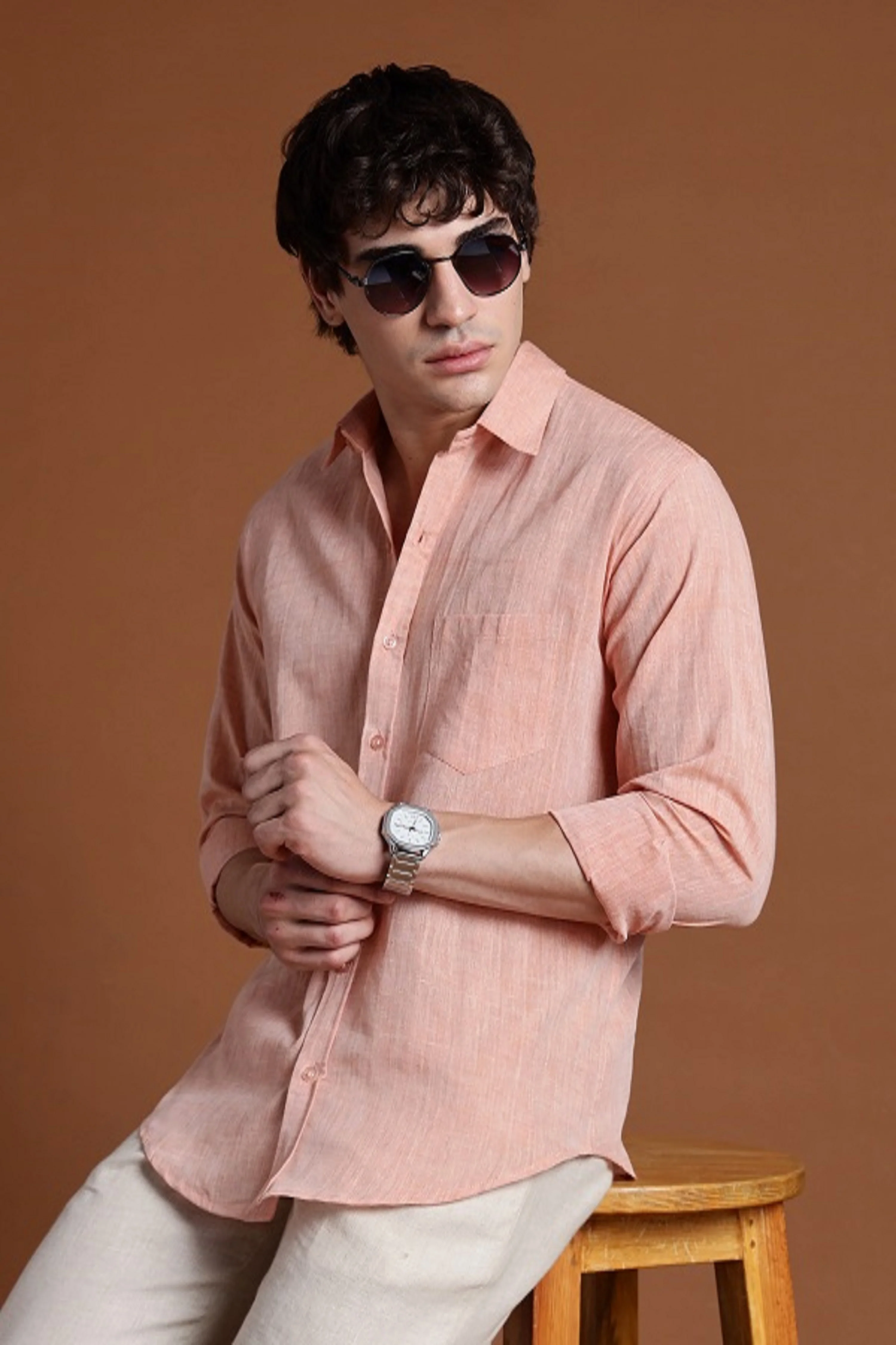 40s Single Thread Light Orange Khadi Shirt – Handspun & Handwoven 100% Pure Cotton | Lightweight, Natural Comfort, Traditional Craft Meets Modern Style