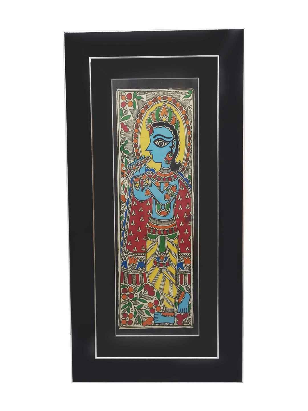 Lord Krishna - Handmade Madhubani Painting With Fiberglass Framing