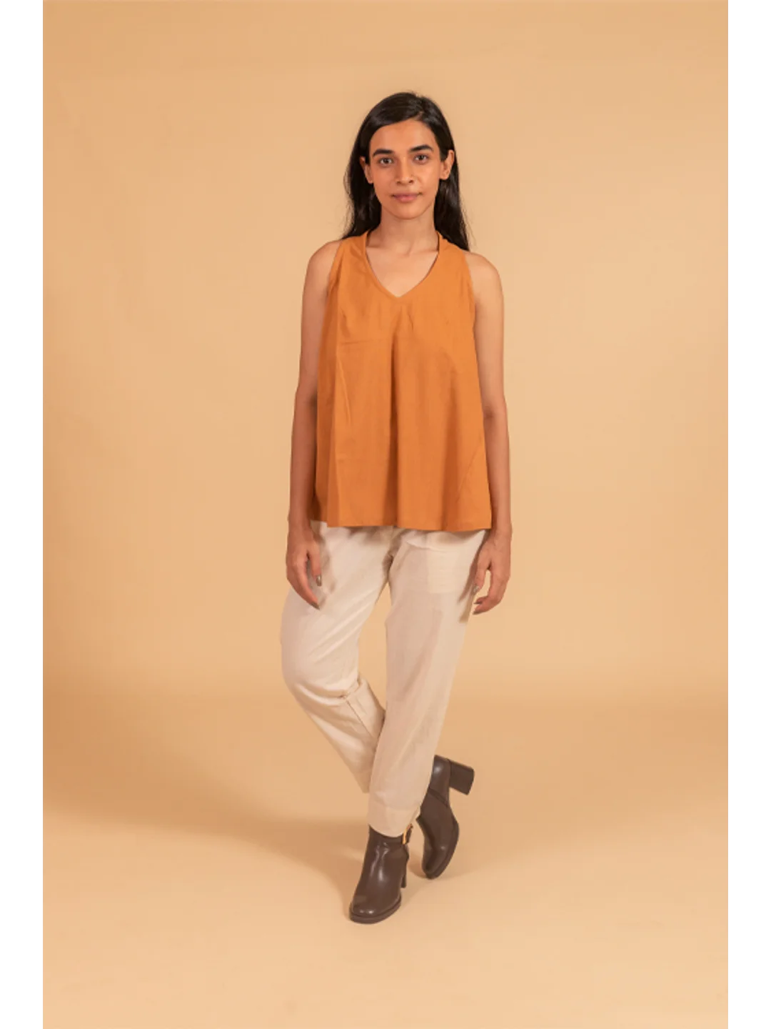 GOLDEN BROWN V NECK INCUT SLEEVES TOP WITH ELASTICATED SIDE