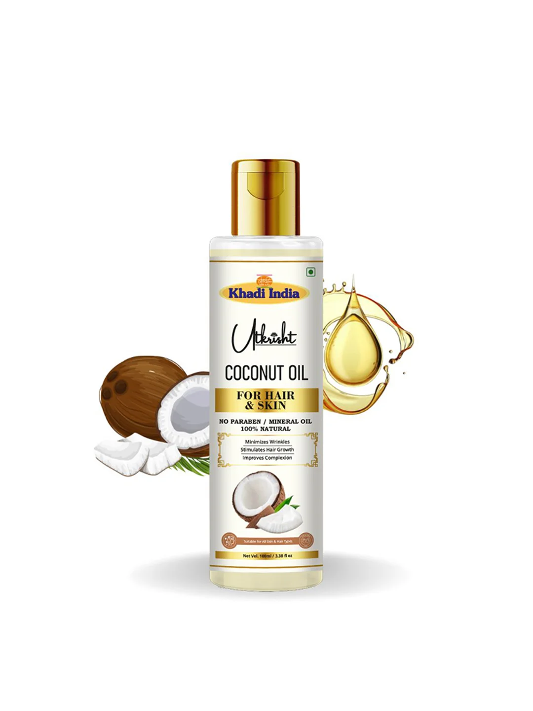 Utkrisht Khadi Coconut Oil for Hair Growth & Nourishment - 100% Pure Cold-Pressed Oil for Strong, Shiny Hair- 100ML
