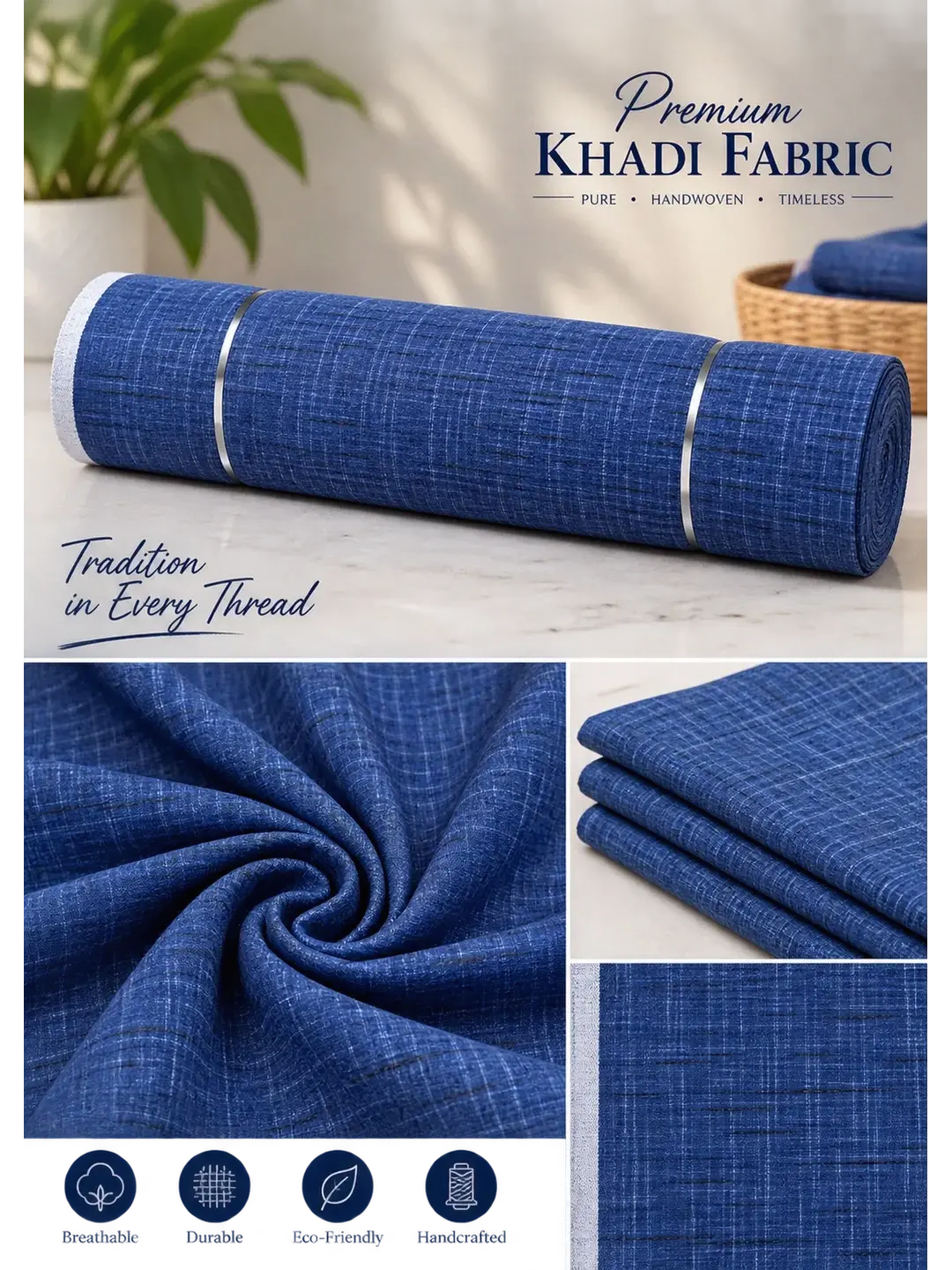 Khadi Cotton Blue Fabric – 44 Inch Width Handloom Fabric