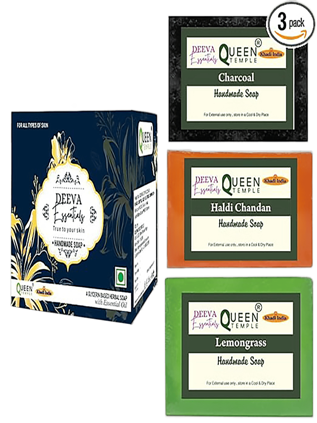 Charcoal Haldi chandan Lemongrass pack of 3 handmade soap