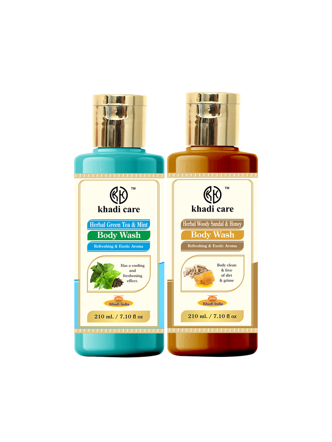 Khadi Care Herbal Combo Pack of Green Tea & Woody Sandal & Honey Bodywash (210ml Each) Pack of 2